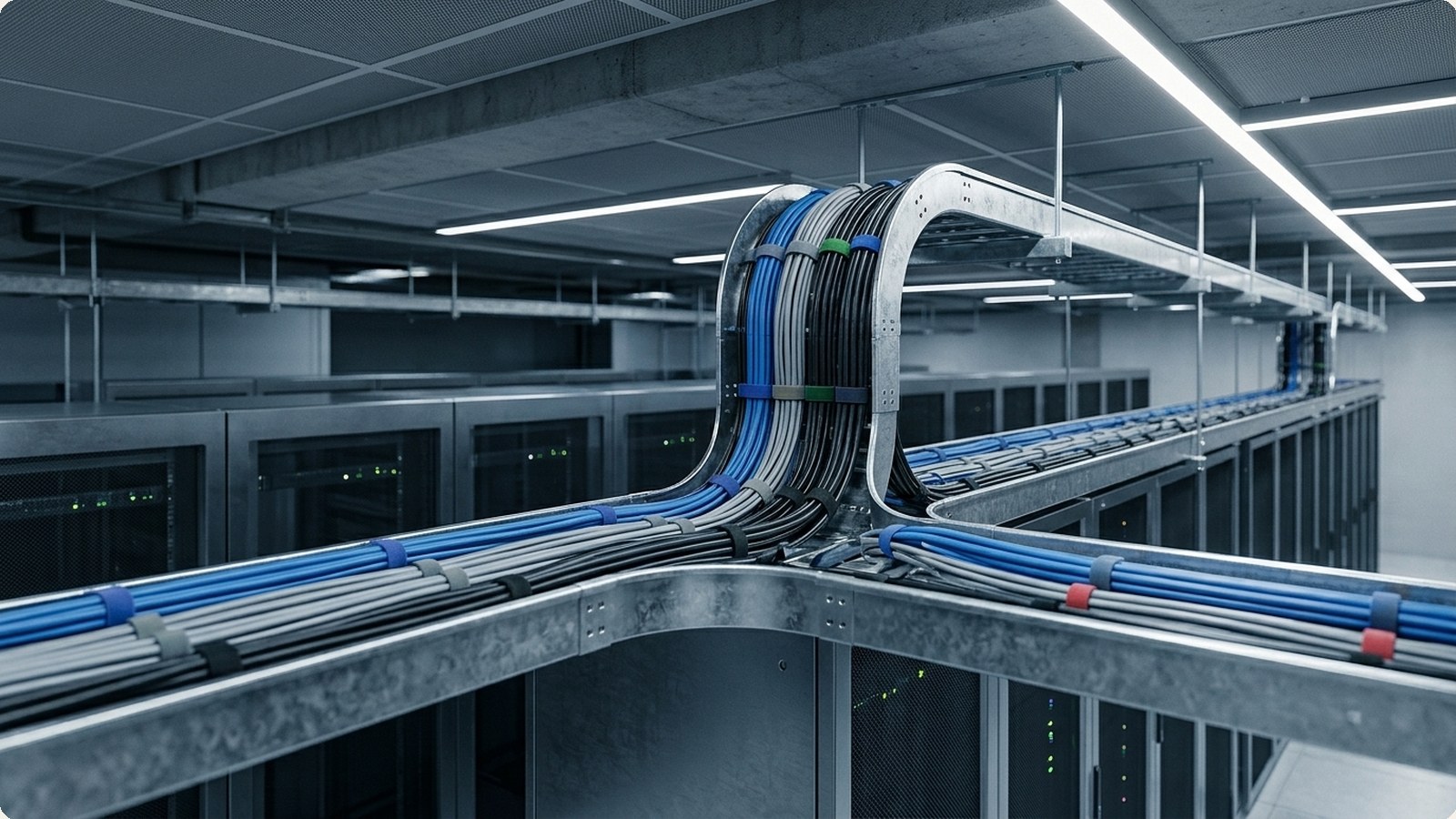 Hyperscale DC cable management corridor · NEMA VE 1-2017 Class 8B + 8C · Sucofindo-tested for Indonesian deployment