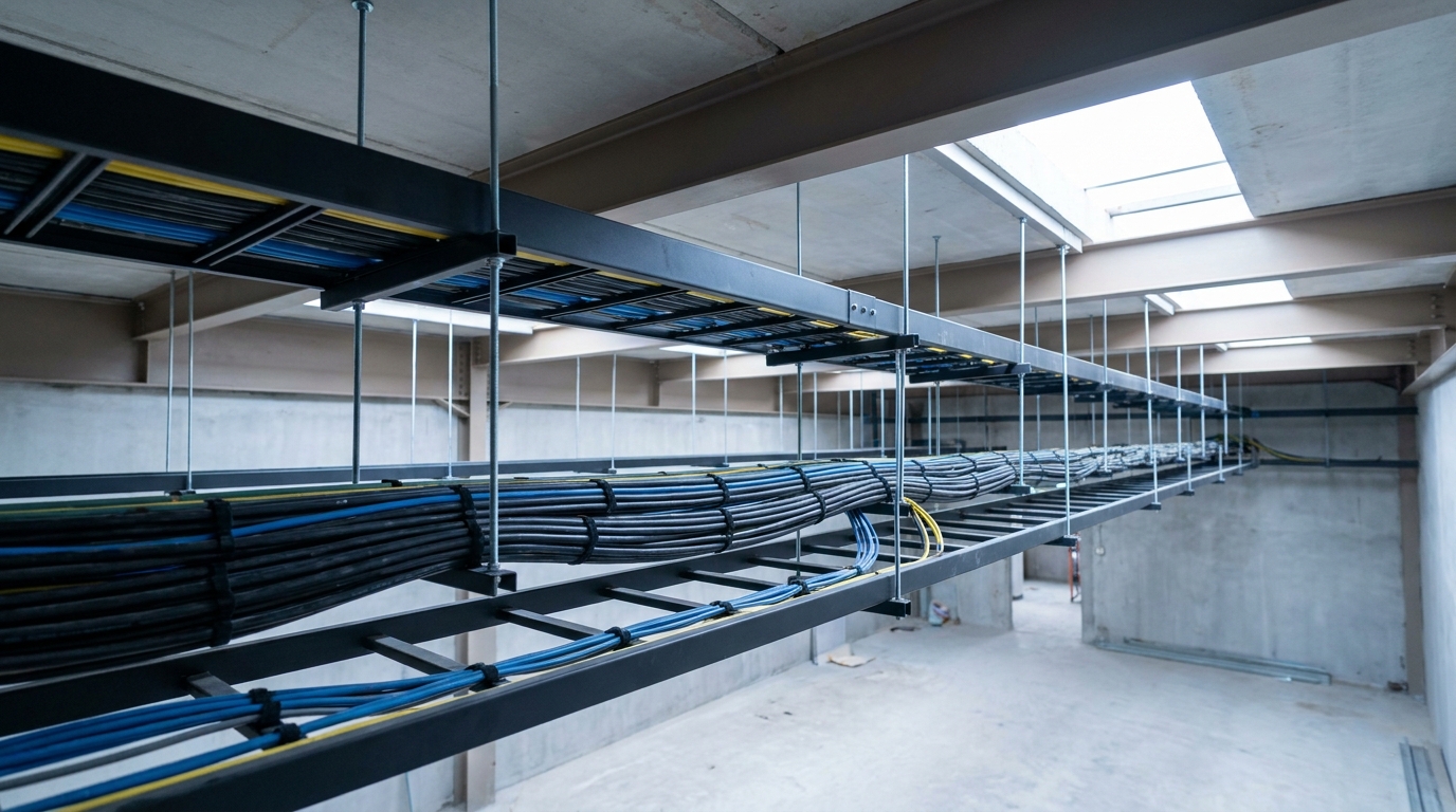 Cable tray dan cable ladder Metosu pada koridor utilitas industri · NEMA VE 1-2017 Class 8B + 8C · diuji Sucofindo (E26929/FNBPAS, E26933/FNBPAS)